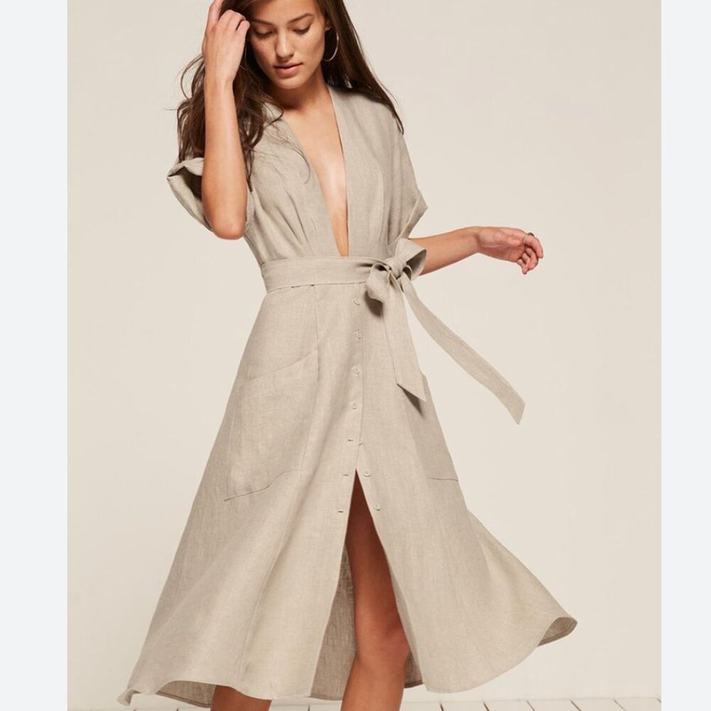 Reformation Geneva Beige Deep V Dress with Tie